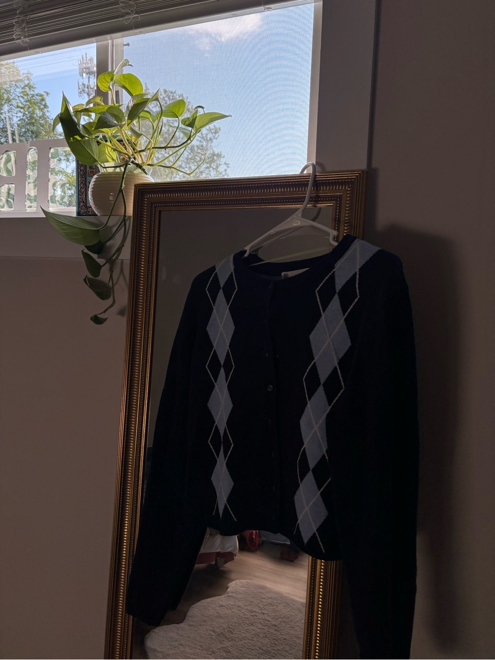 No Boundaries Black Argyle Button-Up Cardigan with Light Gray Diamonds